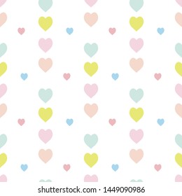 Seamless pattern in stylish cozy blue, pink, green and orange hearts on white background for fabric, textile, clothes, tablecloth and other things. Vector image. 