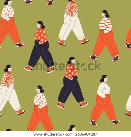 Seamless pattern with stylish curvy women walking in modern casual outfits. Tile with plus-size models for fabric, textiles, wrapping paper, beauty and fashion projects. Includes swatches. Vector.