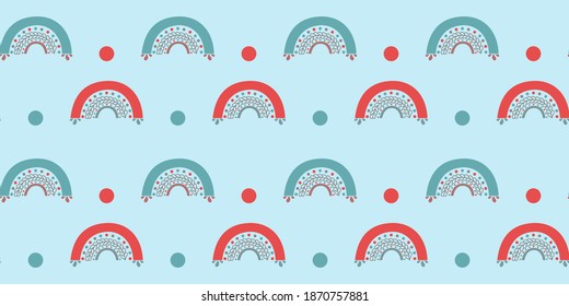 Seamless pattern of stylish cute abstract rainbows and circles in red and gray colors on a light blue background. Perfect for printing on garments, fabrics, textiles. Vector.