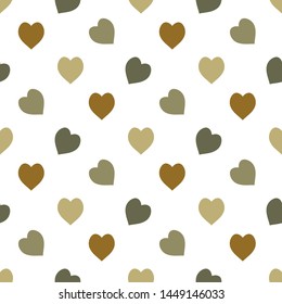 Seamless pattern in stylish discreet beige and swamp green hearts on white background for fabric, textile, clothes, tablecloth and other things. Vector image. 