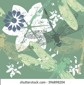 Seamless Pattern with stylish dragonfly's and flowers can be used for wallpaper, cards, web pages, textile, kids clothing, linen, tile and more creative designs.