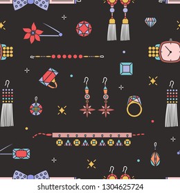 Seamless pattern with stylish expensive jewelry and accessories on black background - earrings, necklace, bracelet, brooch, pendant, bow tie. Vector illustration in linear style for textile print.