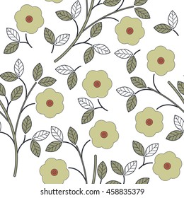 Seamless pattern with stylish flowers and leaves isolated on white background can be used for surface textures, textile, linen, tile, kids cloth and more creative designs. 