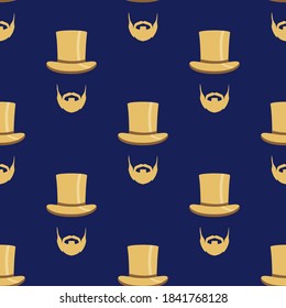 Patrón inquebrantable con un caballero elegante con sombrero de punta y barba. Colores de moda azul oscuro y dorado