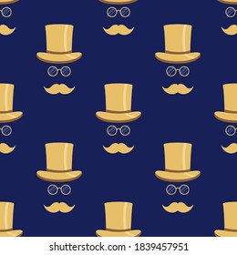 Seamless pattern with a stylish gentleman wearing a top hat, glasses and a mustache. Trendy dark blue and golden colors