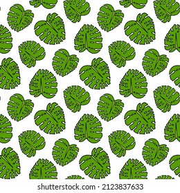 Seamless pattern with stylish green tropical leaves on white background. Vector image.