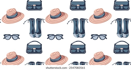 Seamless pattern with stylish hat, glasses, bag and shoes, women's accessories, soft colors.