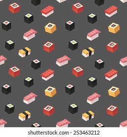seamless pattern of stylish isometric 3d-looking sushi pieces