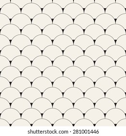 Seamless pattern. Stylish monochrome ornament. Geometric background with arches. Vector repeating texture. Minimalistic linear texture with filled small cores.