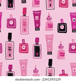 Seamless pattern of stylish perfume bottles, cremes and serums in hand drawn style. Skin beauty routine pattern.