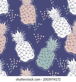 Patrón incomparable con elegantes frutos de piña sobre fondo azul. Textura sin fin o fondo tropical repetible. Impresión botánica floral textil, ilustración vectorial.