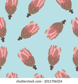 Seamless pattern of stylish pink artichokes on a blue background. Vector illustration 
