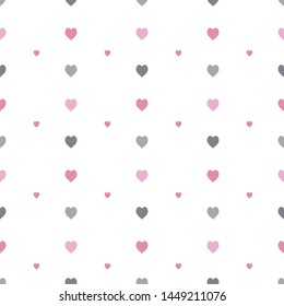 Seamless pattern in stylish pink and grey hearts on white background for fabric, textile, clothes, tablecloth and other things. Vector image. 