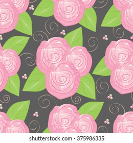 Seamless pattern with stylish pink roses, vector illustration, repeating summer background, floral design