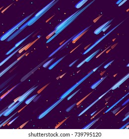 Seamless Pattern. Stylish Print Texture Design. Holiday Background for Fashion, Cover, Screen. Neon Light Particles, Shooting Stars, Meteorites Flying at High Speed on Dark Space Background.