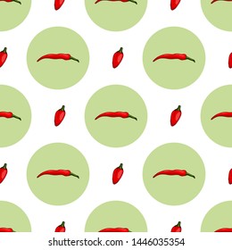 Seamless pattern with stylish red hot chili peppers and green circles for fabric, textile, clothes, tablecloth and other things. Vector image. 
