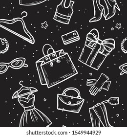 Seamless pattern stylish sketch women's accessories on blackboard. Shopping Vector illustration for a card or poster. Print on clothes. Fashion & Style.