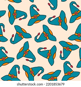 Seamless pattern with stylish teal blue hats on light background. Vector illustration.