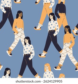 Seamless pattern with stylish teenagers walking in modern casual outfits. Girly tile for fabric, textiles, wrapping paper, beauty and fashion projects. Includes ready-to-use swatches. Vector.