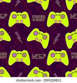 seamless pattern for stylish textiles. Game joystick with geometric elements and text.