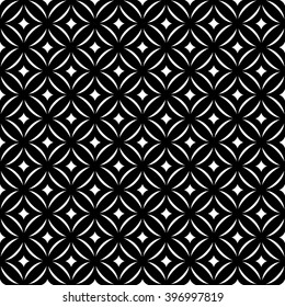 Seamless pattern. Stylish texture. Tile with regularly repeating geometrical elements, shapes, rhombuses, arches, crossed circles. Monochrome. Vector element of graphic design