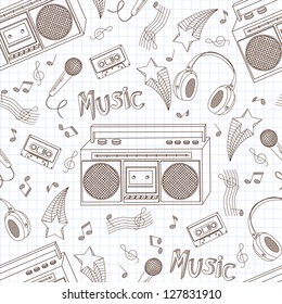 Seamless pattern of stylish vector images of old tape recorders, headphones and microphone