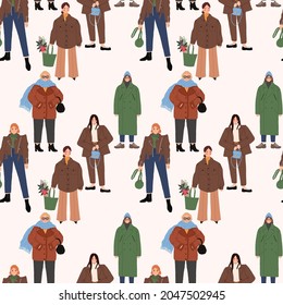 Seamless pattern with stylish women in trendy outfits. Fashionable spring or fall outfits. Street style models. Colored hand drawn vector illustration.
