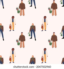 Seamless pattern with stylish women in trendy outfits. Fashionable spring or fall outfits. Street style models. Colored hand drawn vector illustration.