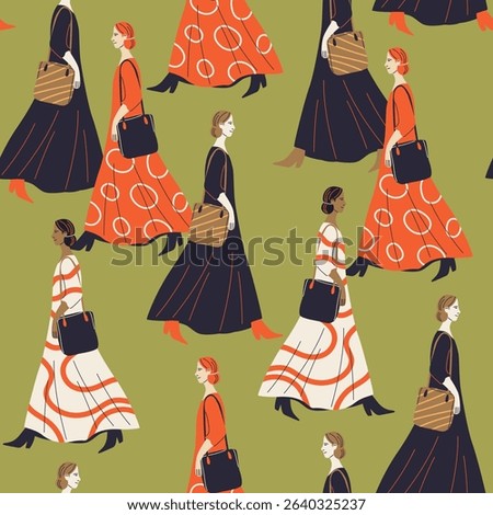 Seamless pattern with stylish young women walking in modern outfits. Vector tile on green background for fabric, textiles, wrapping paper, and fashion projects.