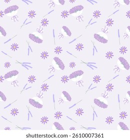 Seamless pattern with stylishly arranged purple flowers scattered on a light purple background. The design has a vintage feel.