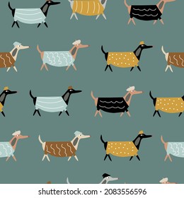 Seamless pattern with stylishly dressed dachshund dogs. Cute vector illustration for children and girls. 