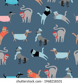 Seamless pattern of stylishly dressed dogs and cats with french hats and clothes. Cute and funny vector illustration 