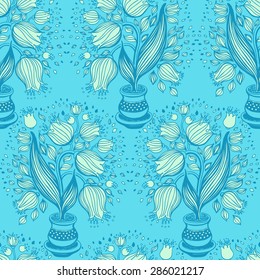 Seamless pattern with stylize draving of tulips in a pot