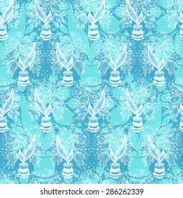 Seamless pattern with stylize drawing of tulips in a pot