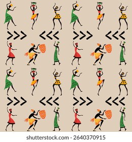 Seamless pattern of stylized African dancers and drummers in vibrant traditional outfits on beige background. Vector art