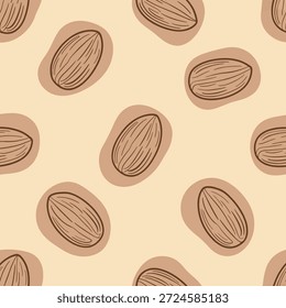 Patrón sin fisuras de almendras estilizadas en contorno marrón y Formas beige un fondo amarillo pálido