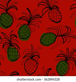 Seamless pattern with stylized ananas, black and white sketched pineapples with color spots.