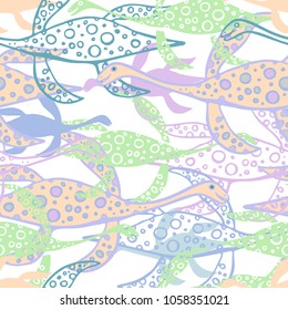 Seamless pattern with stylized ancient animals.Hand-drawn,scanned and translated into a vector.Can be used for printing on wrapping paper,wallpaper,gift wrapping,accessories for phones,textiles.