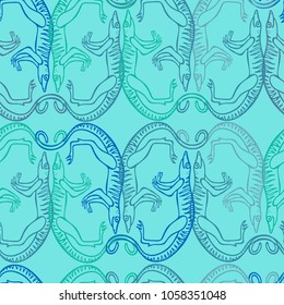 Seamless pattern with stylized ancient animals.Hand-drawn,scanned and translated into a vector.Can be used for printing on wrapping paper,wallpaper,gift wrapping,accessories for phones,textiles.