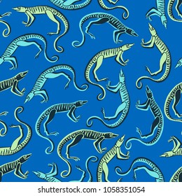 Seamless pattern with stylized ancient animals.Hand-drawn,scanned and translated into a vector.Can be used for printing on wrapping paper,wallpaper,gift wrapping,accessories for phones,textiles.