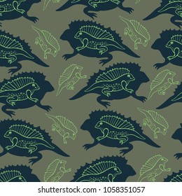 Seamless pattern with stylized ancient animals.Hand-drawn,scanned and translated into a vector.Can be used for printing on wrapping paper,wallpaper,gift wrapping,accessories for phones,textiles.