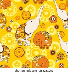 seamless pattern with stylized  animation elephants on ornament backdrop