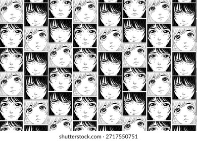 Seamless pattern with stylized anime girl faces inspired by manga and Japanese pop culture. Perfect for textiles, packaging, wallpapers, stationery, apparel design, and creative backgrounds