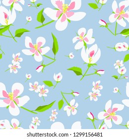 Seamless pattern of stylized Apple blossom with leaves on colored background for Wallpaper, printing, fabrics, vector illustration