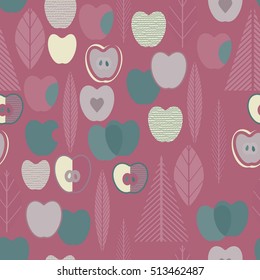 Seamless pattern with stylized apples, leaves, spruces.