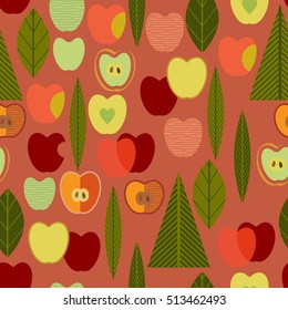 Seamless pattern with stylized apples, leaves, spruces.