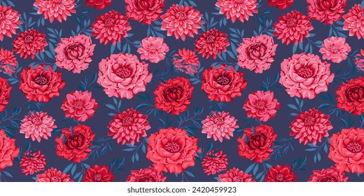 Seamless pattern with stylized artistic flowers peonies, dahlias and tiny leaves. Abstract blooming meadow on a dark blue background. Colorful red ruddy floral tapestry. Vector drawn illustration.