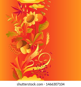 Seamless pattern with stylized autumn items. Falling leaves, berries and plants.