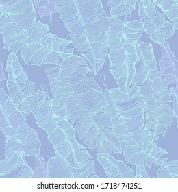 Seamless pattern with stylized banana leaves on light blue background. Hand drawn vector illustration.