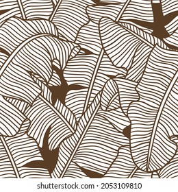 Seamless pattern with stylized banana palm leaves. Decorative image of tropical foliage and plants.